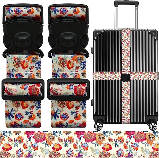 Luggage Straps for Suitcases, Travel Adjustable Belt with Quick Release Buckle, Heavy Duty Nylon Bag Packing Strap, Unique Bright Identifiers Business Travel Accessories (2 Pack) - Rose Flowers
