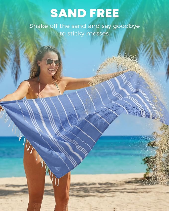 4 Pack Turkish Beach Towels Vacation Essentials with Bag Quick Dry Sand Free Soft Absorbent Adult Bath Pool Swim Long Wide Stripe Towel Cloud Linen Sandfree Mat Summer Thing Lightweight Travel Blue