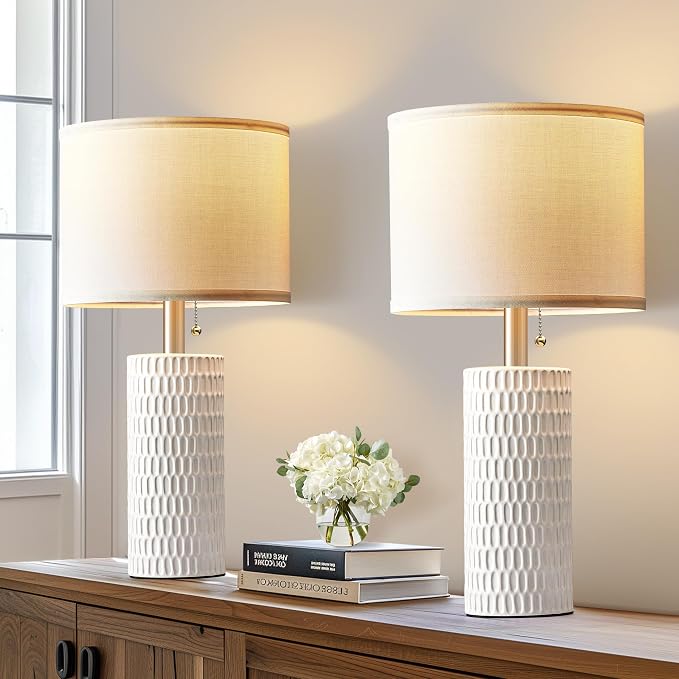 Reaketon 20" Modern Ceramic Table Lamps for Bedroom Set of 2, Small Table Lamps for Night Stands, Living Room, Home Office and Hallways, White