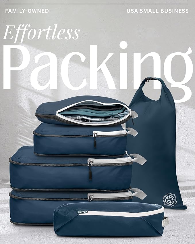 Compression Packing Cubes 6 Piece Set for Carryon Suitcases- Lightweight, Durable Clothes Organizer (Navy Blue)