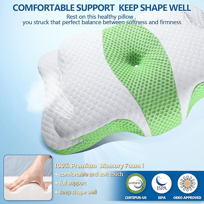 Memory Foam Pillows, Cervical Pillow for Neck and Shoulder Pain Relief, Ergonomic Contour Bed Pillow, Soft for Side Sleep Stomach Sleeping and Back Sleeper-Queen Size&Green