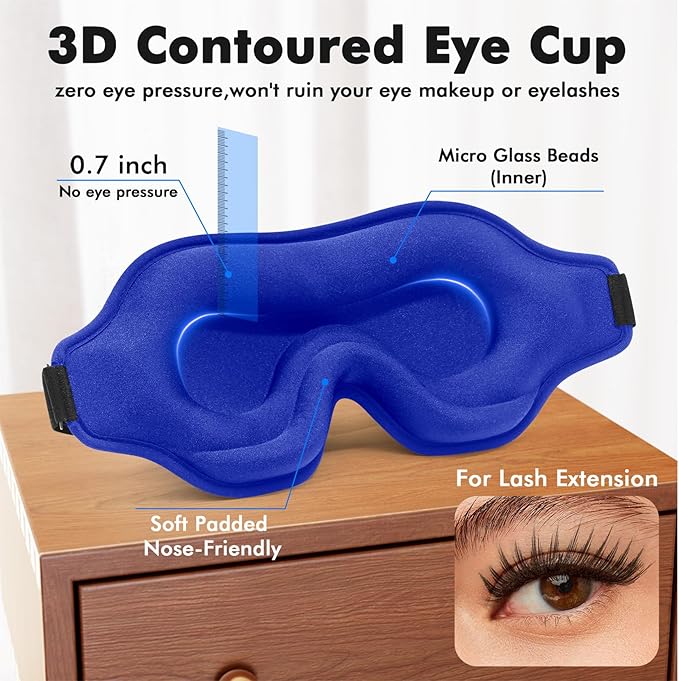 Weighted Eye Mask for Sleeping, 3D Contoured Sleep Mask Blackout with Adjustable Strap, Lash Extensions Sleeping Mask for Travel, Eye Cover Blindfold for Men Women (Blue, 4.6oz)
