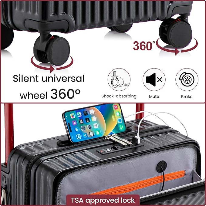 20 Inch Carry On Luggage with Spinner Wheels,PC Hard Shell Suitcase with USB Port,Lightweight Travel Luggage Airline Approved for Men Women, Black