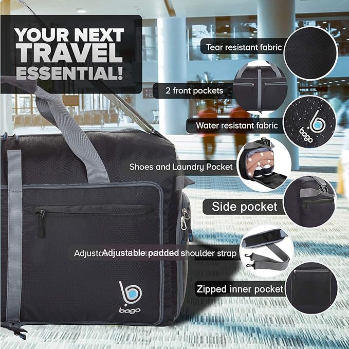 Bago Large Duffle Bag for Travel Women & Men. Durable Lightweight Foldable Travel Duffel Bags For Traveling Women. 100L Duffle Bags for Overnight Bag With Shoe Compartment Collapsible Weekender duffel
