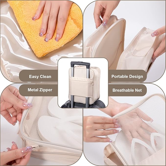 Shoe Bag for Travel, Travel Shoe Bag for Packing, Hold 3 Pairs of Shoes, Travel Essentials for Flying Shoe Organizer Shoe Storage Bag for Travel Light Beige