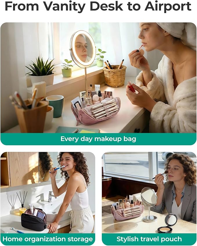 BAGSMART Travel Makeup Bag for Women, Portable Fold-down Cosmetic Case, Puffy Padded Make Up Organizer Pouch, Water-resistant Toiletry Bag for Toiletries, Brushes (Dark Pink)