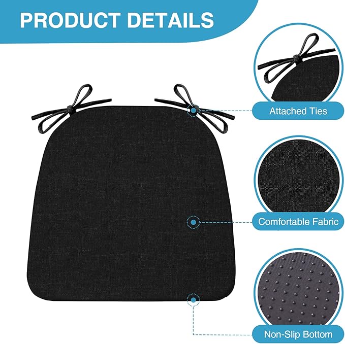 Chair Cushions for Dining Chairs Set of 6, Non Slip Kitchen Chair Pads, 17" x 16" x 2", Indoor Dining Chair Cushions with Ties, D-Shaped Seat Cushions for Kitchen Chairs, Black