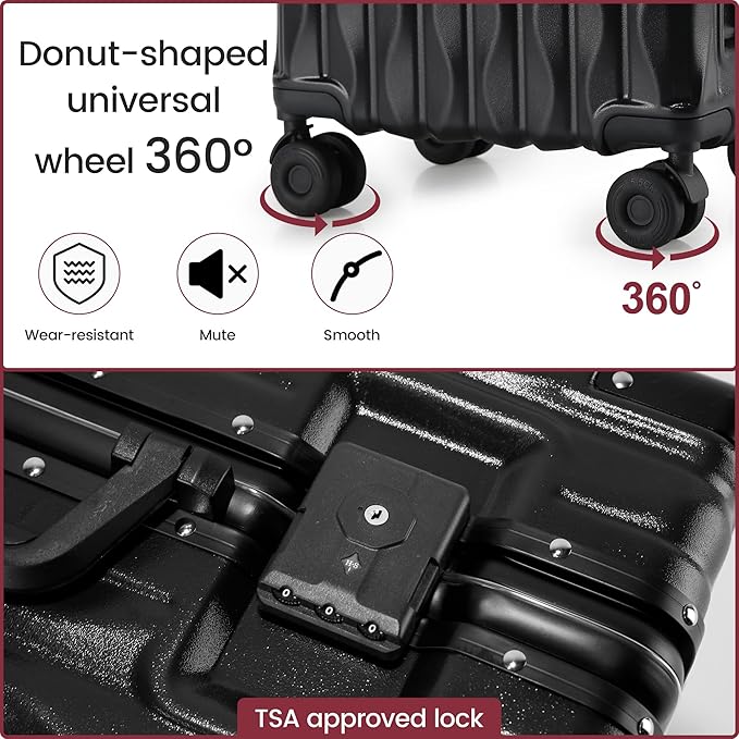 20 Inch Carry On Luggage with Spinner Wheels,Aluminum Frame PC Hard Shell Suitcase with USB Port,Lightweight Travel Luggage Airline Approved for Men Women, Black