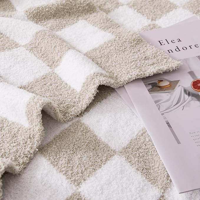 Checkered Throw Blanket, Taupe Soft Cozy Fluffy Knitted Throw Blankets for Couch, Sofa, Bed, Chair, Warm Fuzzy Travel Picnic Lightweight Plaid Blanket, 50x70 inches