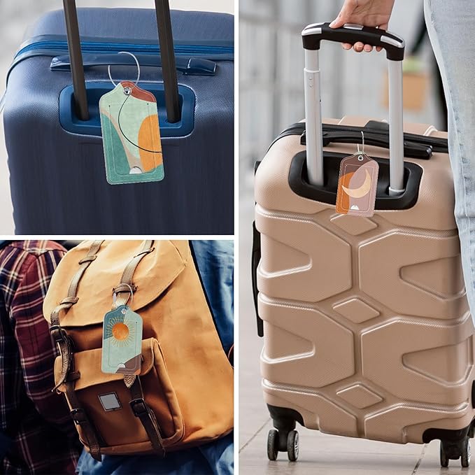 Rimilak 3 Pcs PU Leather Luggage Tags for Suitcase, Travel Cruise Luggage Tag with Privacy Flap, Name ID Label and Metal Loop for Women Men Baggage Handbag School Bag Backpack, Day and Night