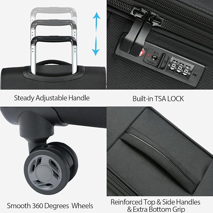 KROSER Softside Expandable Carry On Luggage with Front Business Pockets，20 Inch Suitcases with Spinner Wheels & Built-in TSA Lock, Durable Suitcase Rolling Luggage with USB Port, Black