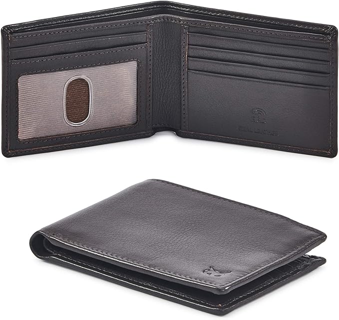 Real Leather Mens Bifold Wallet RFID Blocking Slim Minimalist Front Pocket - Thin & Stylish with ID Window in Gift Box (Nappa, Dark Chocolate)