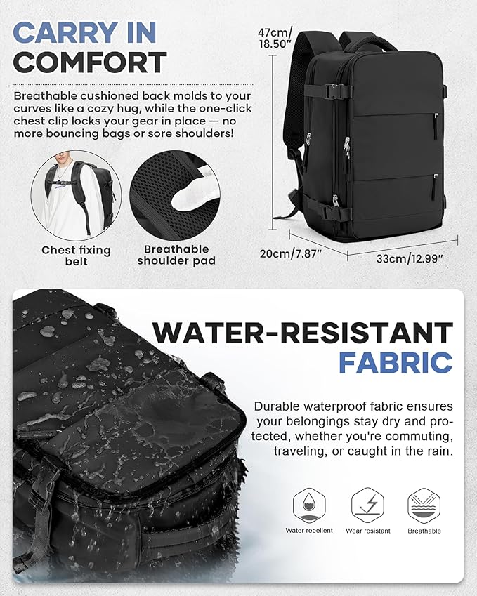 Vacuum Travel Backpack with Pump Women,Personal Item Carry on Backpacks Flight Approved 18x14x8 inches Men,Laptop Waterproof Work Compression bags Casual Daypack Mochila de Viaje Compresion al Black