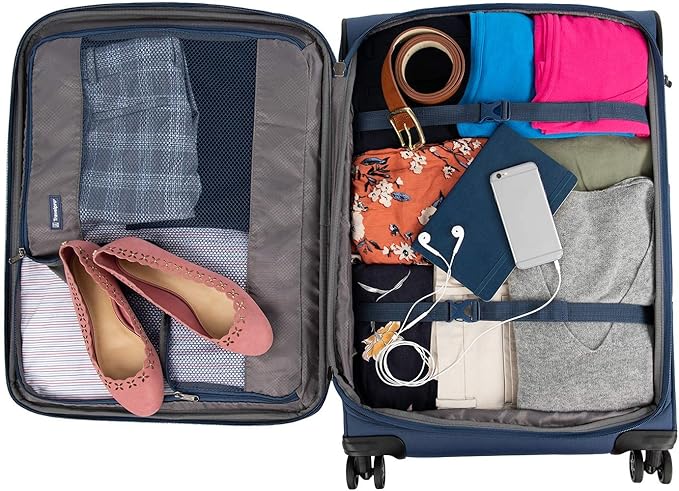 Travelpro Tourlite Softside 25" Expandable Luggage with 4 Spinner Wheels, Lightweight Suitcase, Checked Medium, Blue