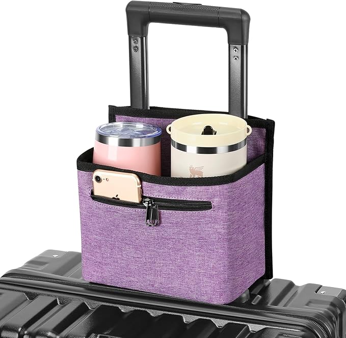 ZHCHG Luggage Travel Cup Holder Attachment for Suitcase Drink Carrier Caddy, Coffee Mug and Tumblers, Traveler Carry on Hands Free Accessory- Gifts for Flight Attendants Travelers Accessories (Purple)