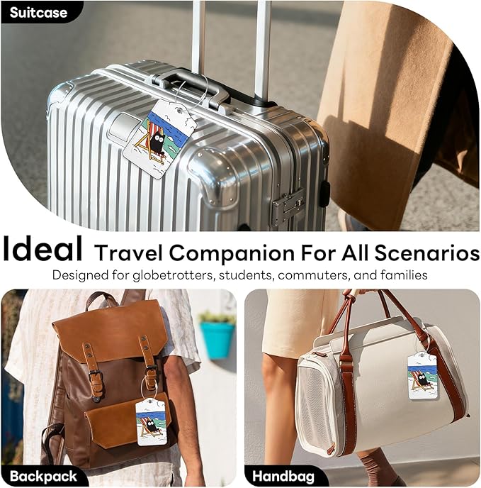 2 Pack PU Leather Luggage Tags for Suitcases, Privacy Protection Cover with Stainless Steel Loop and Address Card, Travel Cruise Essentials (Beach Cat)
