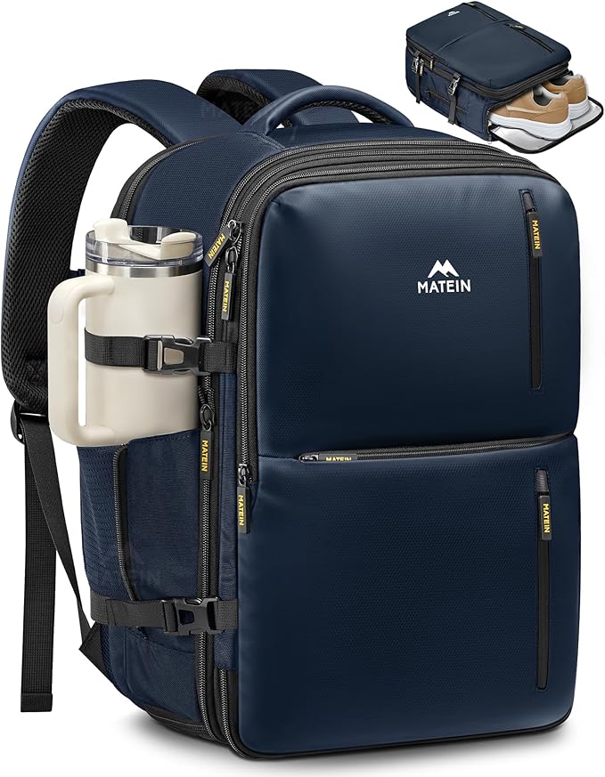 MATEIN Personal Item Backpack 18x14x8, Expandable TSA Approved Underseat Travel Backpack Fit 17.3 inch Laptop, Large Carry on Bag Luggage with Shoe Compartment Removable for Frontier Airlines, Blue