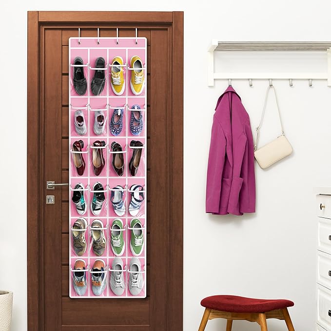 Simple Houseware 24 Pockets - Crystal Clear Over The Door Hanging Shoe Organizer, Pink (64'' x 19'')