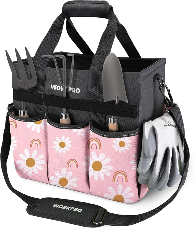 WORKPRO Garden Tool Bag Organizer, Heavy Duty Gardening Tote Bag with 10 Pockets and Long Adjustable Shoulder Strap, Standable Garden Home Tool Kits Organizer, Floral Pink (Tools are not Included)