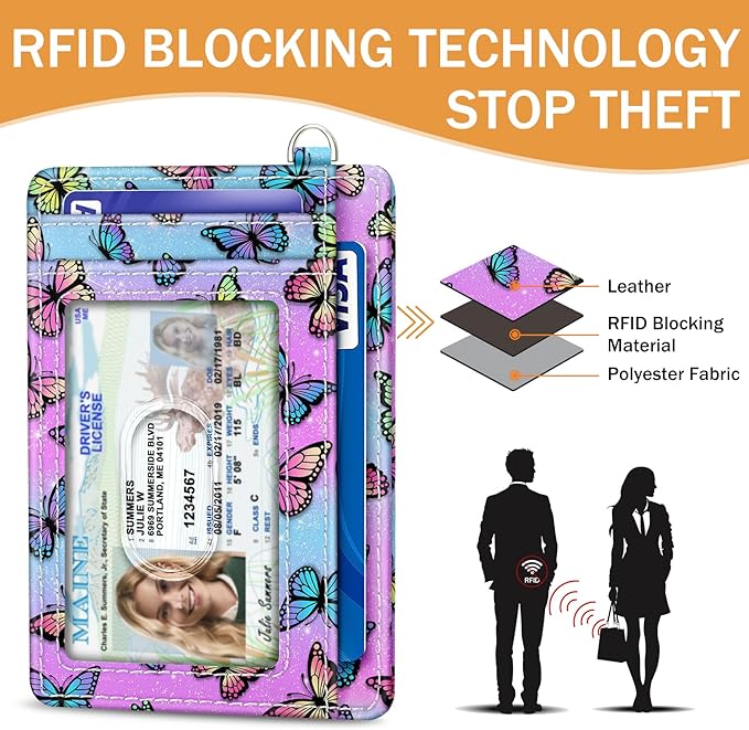 Yonlevres Credit Card Holder Slim Wallet, Butterfly RFID Wallet Women Front Pocket Small Card Holder, Travel Cute Funny Thin Card Case ID Window PU Leather RFID Blocking Card Organizer Gifts Girls