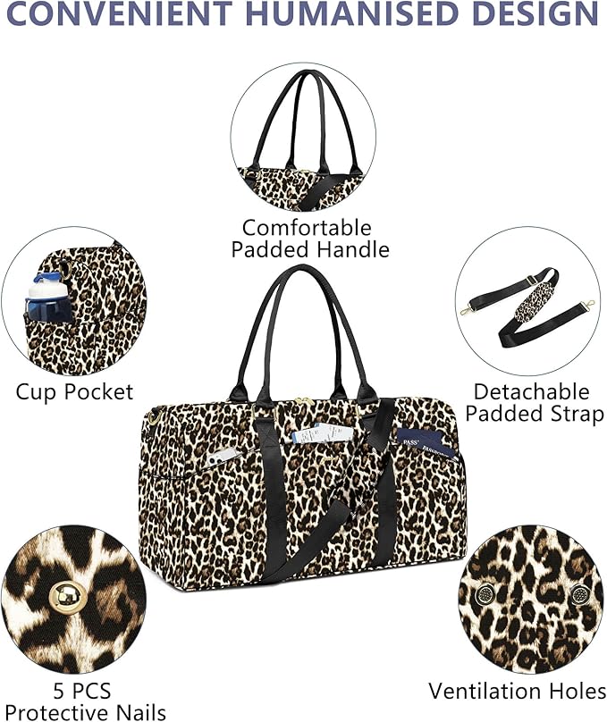 Women Weekender Travel Duffle Bag: Travel Duffel Overnight Bags with Shoe Compartment Large Carry on Tote with Toiletry Bag Weekend Traveling Yoga Gym Hospital Bag for Women with Wet Pocket Cheetah