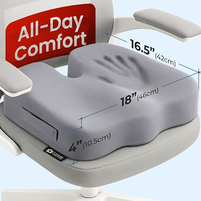 5 STARS UNITED Seat Cushion - Memory Foam Chair Cushion for Tailbone Pain Relief - Ergonomic Support for Coccyx, Sciatica & Butt - Office, Desk & Gaming Chair, Car Seat, Wheelchair, Airplane, L Gray