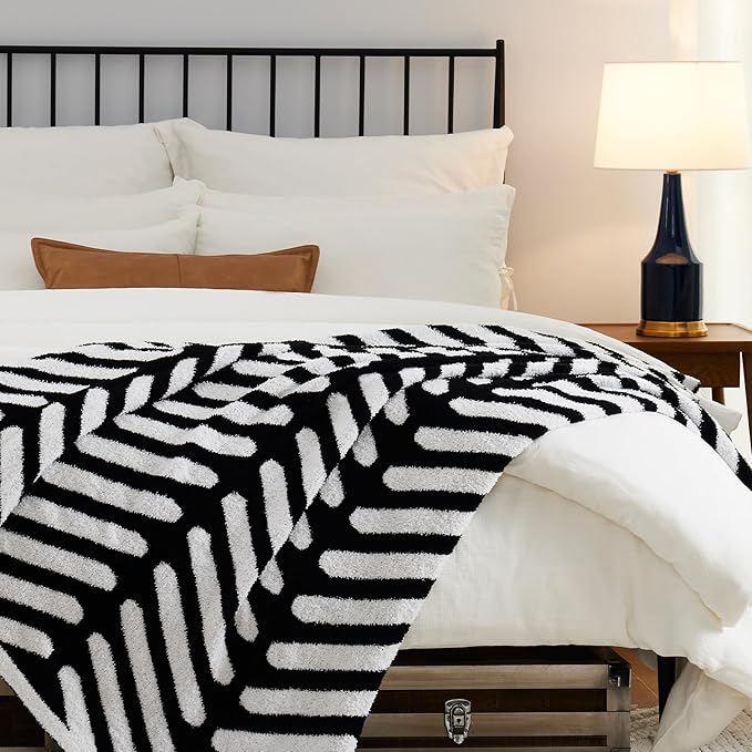 Throw Blanket, Soft Cozy Fluffy Striped Throw Blankets for Couch, Sofa, Bed, Chair, Warm Fuzzy Plush Lightweight Decorative Stripe Blanket, Black White, 50x60 inches