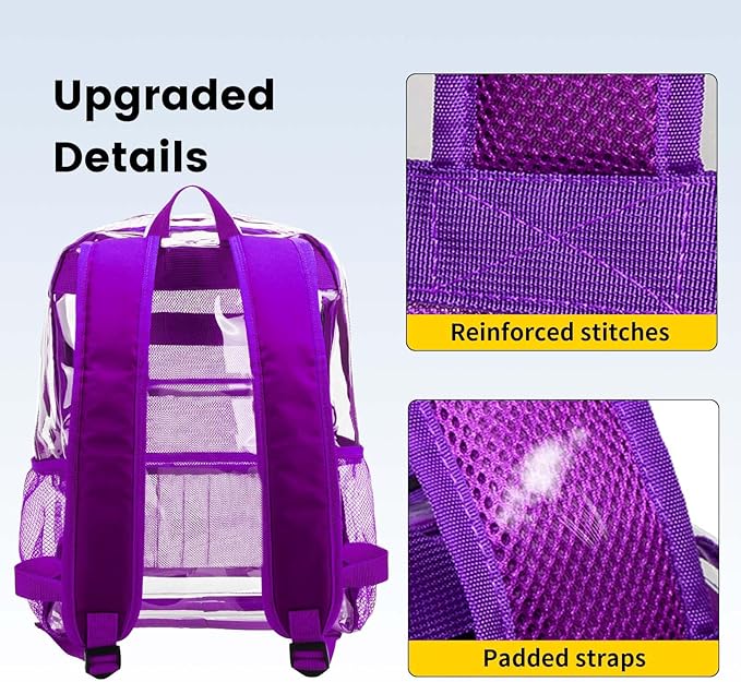 Vorspack Clear Backpack Heavy Duty PVC Transparent Backpack with Reinforced Strap Stitches & Large Capacity for College Workplace Security - Purple
