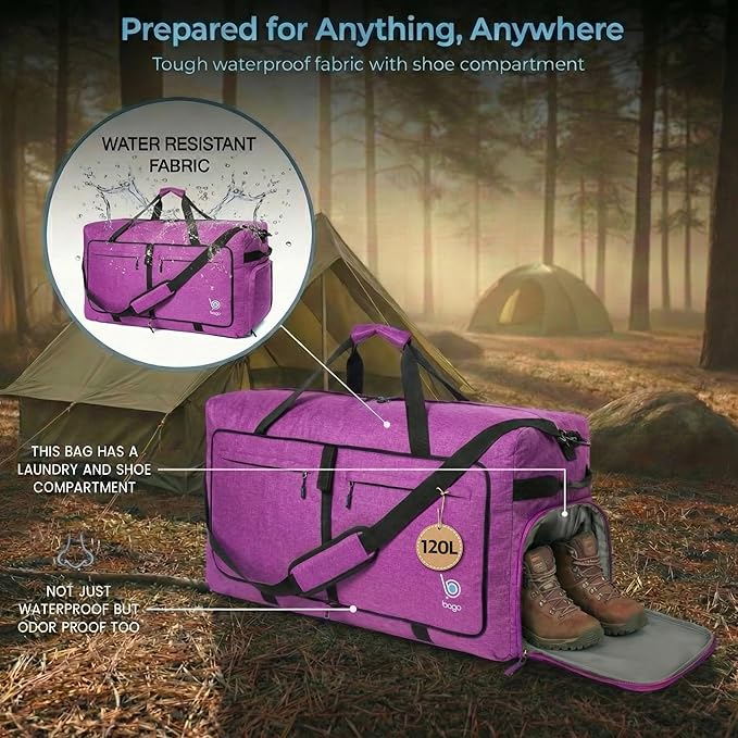 Bago Extra Large Duffle Bag for Travel Women & Men. Durable, Lightweight, Foldable Travel Duffel Bags For Traveling Women. 120L Duffle Bags Use As a Weekender Bag with Shoe Compartment, Checked Duffel