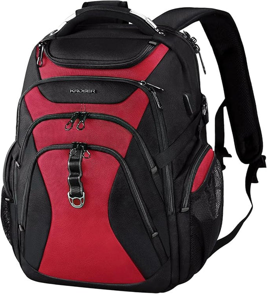KROSER Travel Laptop Backpack 18.4 Inch XXXL Gaming Backpack with Hard Shell Saferoom RFID Pockets Water-Repellent Business College Daypack Stylish Laptop Bag for Men/Women-Black Red