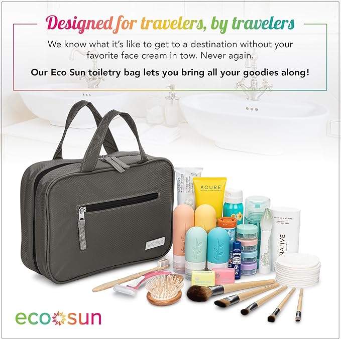 Eco Sun Hanging Travel Toiletry Bag — Designed in Hawaii — Water-resistant Travel Organizer for Bathroom Accessories (Grey)