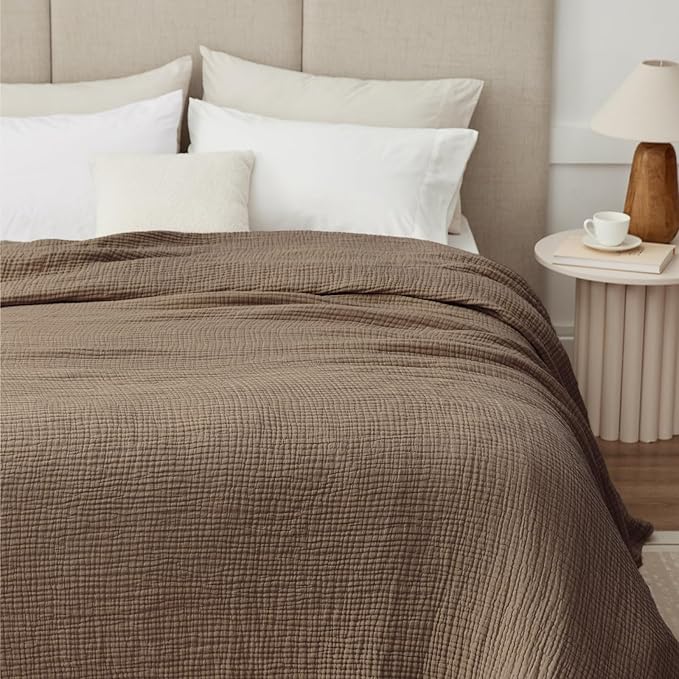 100% Cotton Muslin Blanket Large 50"x 70", Breathable and Lightweight Cotton Throw Blanket for Bed and Couch, Soft Cooling Summer Gauze Blanket for Adults All Season, Linen Brown
