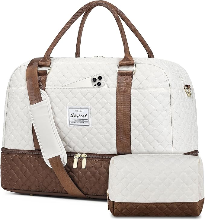 Weekender Bags for Women Travel Bag - Duffle Bag with Shoe Compartment Carry on Overnight Bag for Women Hospital Bags for Labor and Delivery 2Pcs Set Beige Brown