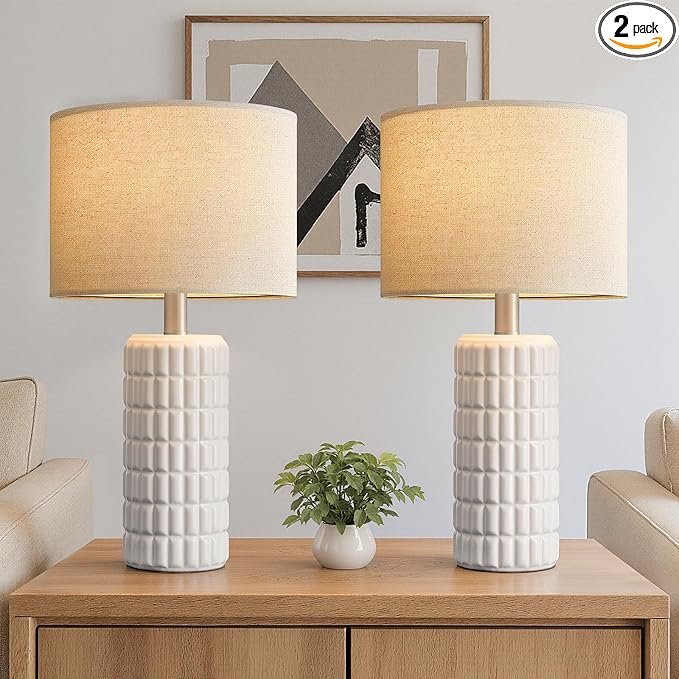 Seealle 23" Modern Ceramic Table Lamps Set of 2, Lamps for Bedroom, White | Lamps for Living Room, Bedroom, Bedside, Night Stands, End Table, Desk, Farmhouse Home Decor