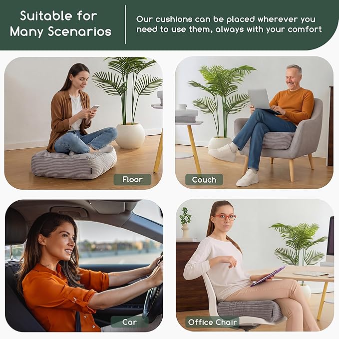 HIGOGOGO Tufted Corduroy Recliner Seat Cushion for Elderly, 20x20x6 Inch Extra Large Square Seat Cushion for Recliner Chair, Floor Pillow, Office Chair, Car, No Pressure on Thighs, Grey