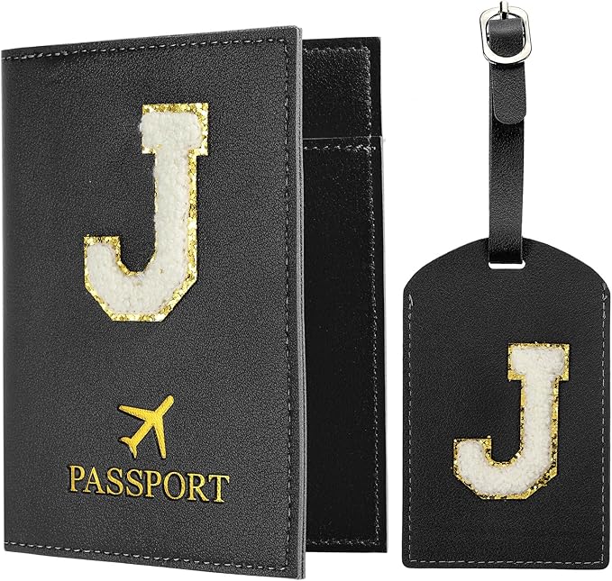 PATIKIL Passport Holder for Travel, Initial Passport Cover and Luggage Tag Set with Alphabet Chenille Letter Patch Travel Wallet Bag Suitcase Identifier for Women Family Travel Black J