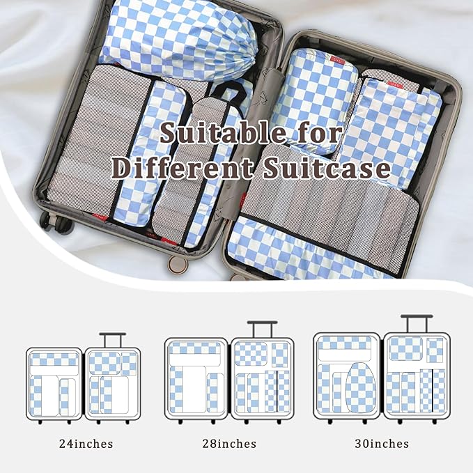U+U 8 Set Compression Packing Cubes - Ultralight Travel Organizers with Laundry Bag and Cosmetic Bag, Space-Saving Suitcase Organizer for Travel, Business Trip and Family Vacation (Blue Checkered)