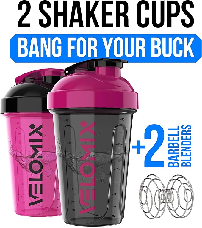 VELOMIX -2 Pack- 20 oz Protein Shaker Bottles for Protein Mixes - 2x Wire Whisk | Leak Proof Shaker Cups for Protein Shakes and Pre Workout | Protein Shaker Bottle Pack (A6) Black/Pink