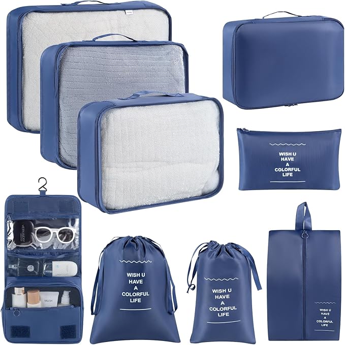 9 Set Packing Cubes for Travel Essentials, Suitcase Organizer Bags for Airplane Road Trip Camp - Navy Blue