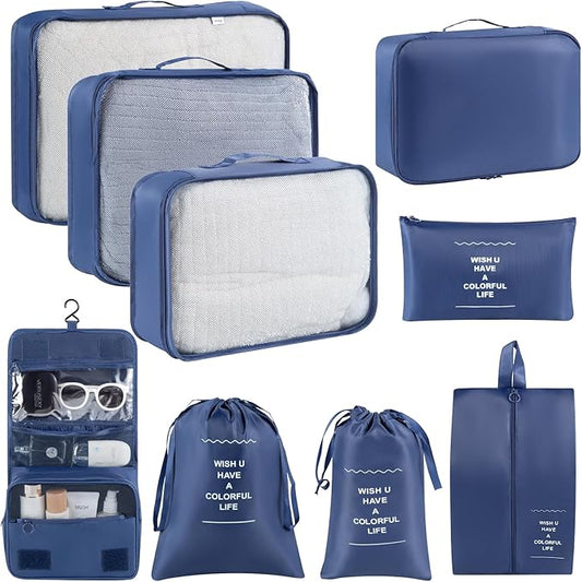 9 Set Packing Cubes for Travel Essentials, Suitcase Organizer Bags for Airplane Road Trip Camp - Navy Blue