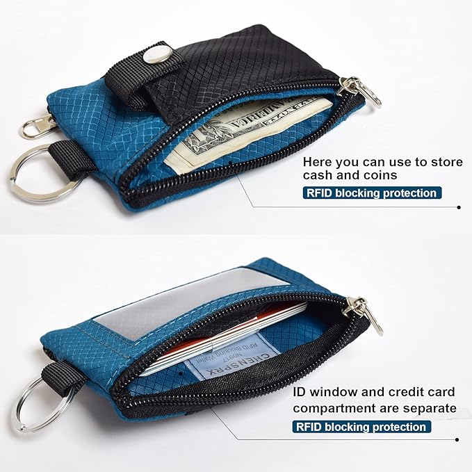 CHENSPRX Minimalist RFID Blocking Small Wallet with ID Window,WaterResistant Zip Id Case Wallet with Lanyard Keychain for Cards,Cash,Travel,Women,Men