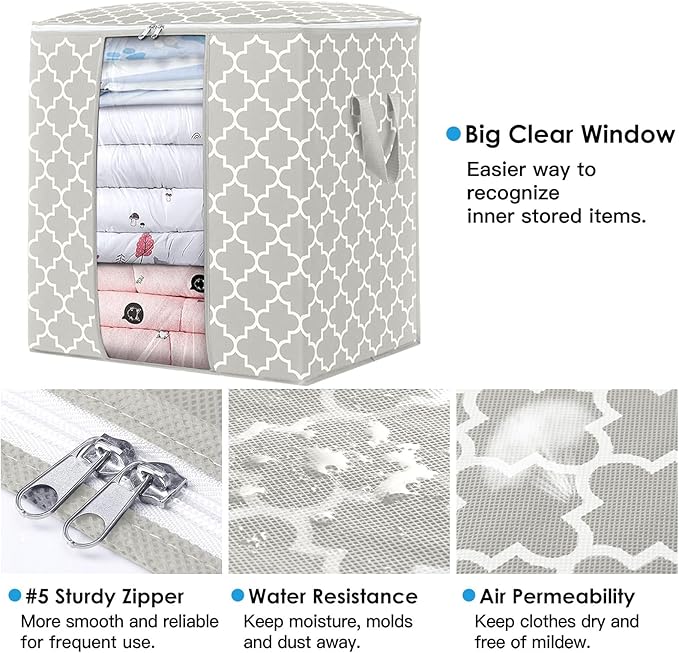 WISELIFE Storage Bags 6 Pack/100L Large Blanket Clothes Organization and Storage Containers for Comforters,Bedding, Foldable Organizer with Reinforced Handle, Clear Window, Sturdy Zippers,Lvory