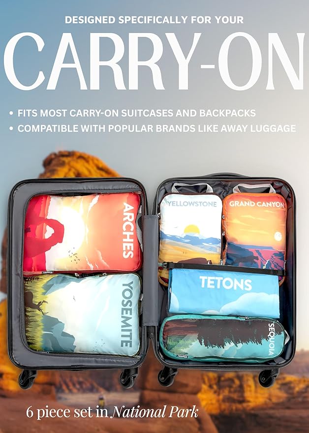 Compression Packing Cubes 6 Piece Set for Carryon Suitcases- Lightweight, Durable Clothes Organizer (National Park)