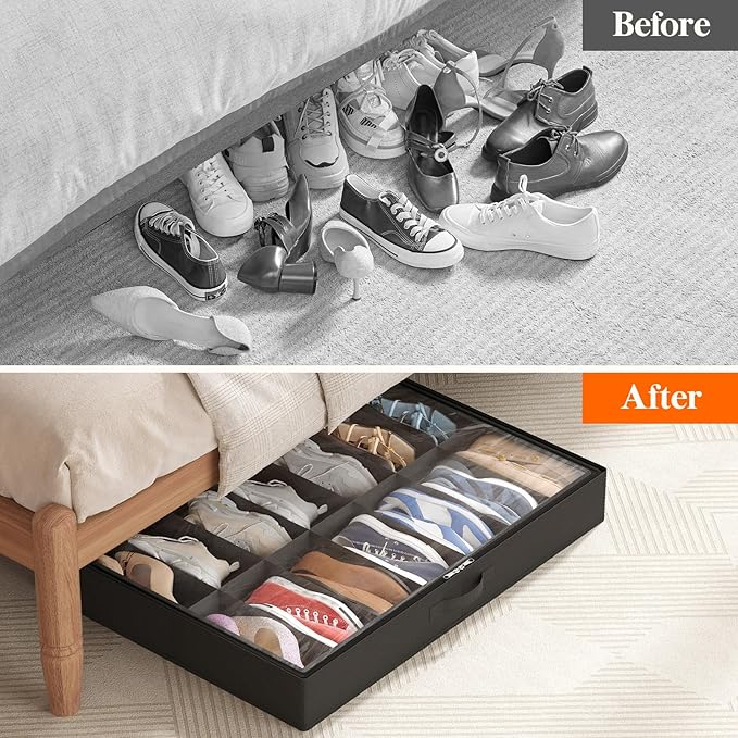 Lifewit Under Bed Shoe Storage Organizer 2 Pack(14 Pairs), 4.3" Tall Fabric Shoes Container Box, Foldable Closet Shoe Bag with 2 Reinforced Handles and Clear Cover, Black
