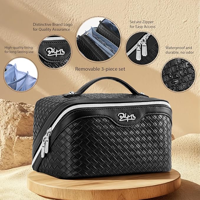 BOYATU Travel Makeup Bags for Women: 3 Pcs Large Make up Bags Set - Vegan Leather Cosmetic Bag for Traveling - Waterproof Toiletry Organizer (L05 Black)