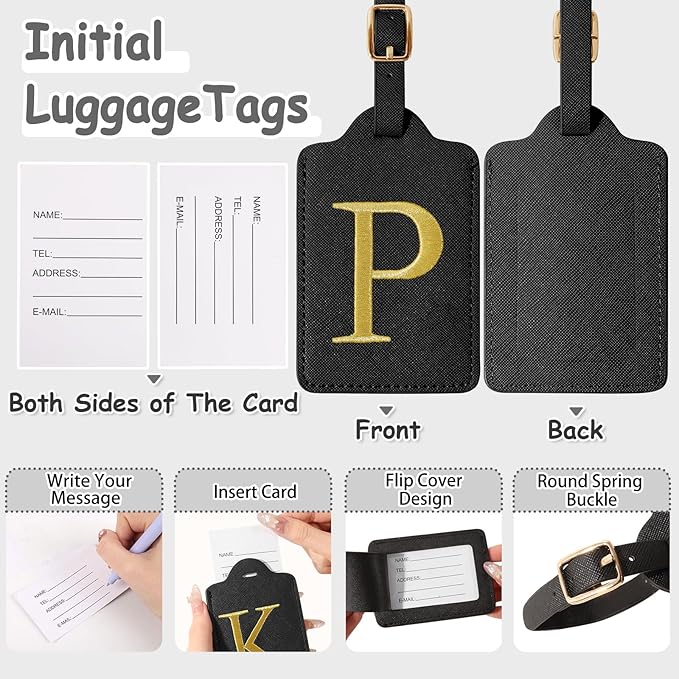 Initial Letter Luggage Tags for Suitcases, Personalized Embroidered Letter Luggage Bag Suitcase Identifier Name Tag, Cute PU Leather Travel Luggage Tags, Bag Tags for Luggage Handbags(Black P)