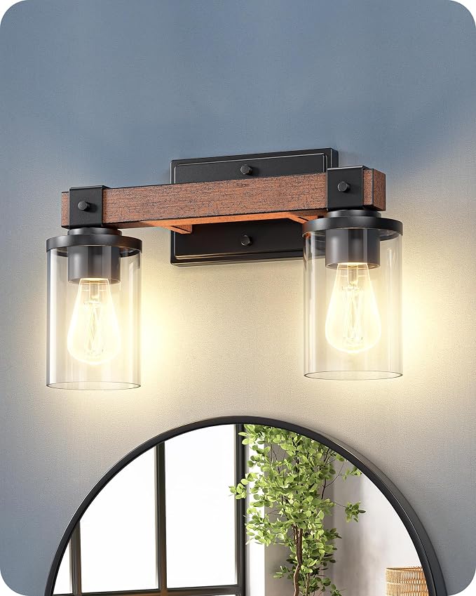 EDISHINE 2-Light Painted Wood Wall Sconces, Farmhouse Vanity Light Fixture | Clear Glass Shade, Up & Down Mounting Optional, E26 Base, Rustic Charm, Waterproof for Bedroom, Powder Room
