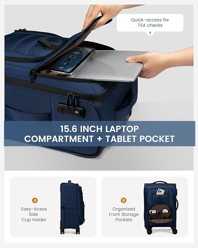 LOVEVOOK Business Softside Checked Luggage with 15.6/17.3 Inch Laptop Compartment, 24 Inch Checked Suitcase with Spinner Wheels, Large Capacity Luggage with TSA Lock for Business Trip Travel Navy Bule