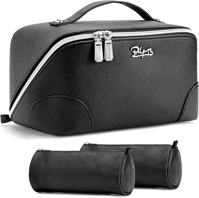 BOYATU Travel Makeup Bag Cosmetic Bags for Women: 3 Pcs Set Large Capacity Make up Bag with Handle - Waterproof Vegan Leather Toiletry Bags Travel Essentials with Compartments(C-2-Black)