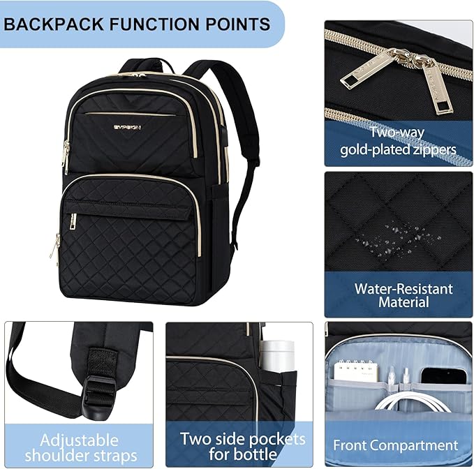 EMPSIGN Laptop Backpack Purse for Women and Men with USB Charging Port, 15.6 Inch Travel Water Resistant Quilted Backpack, High-Capacity 30L Work Business Computer Backpack, Black